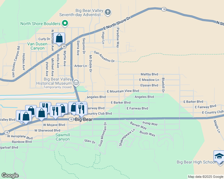 map of restaurants, bars, coffee shops, grocery stores, and more near 2 East Mountain View Boulevard in Big Bear