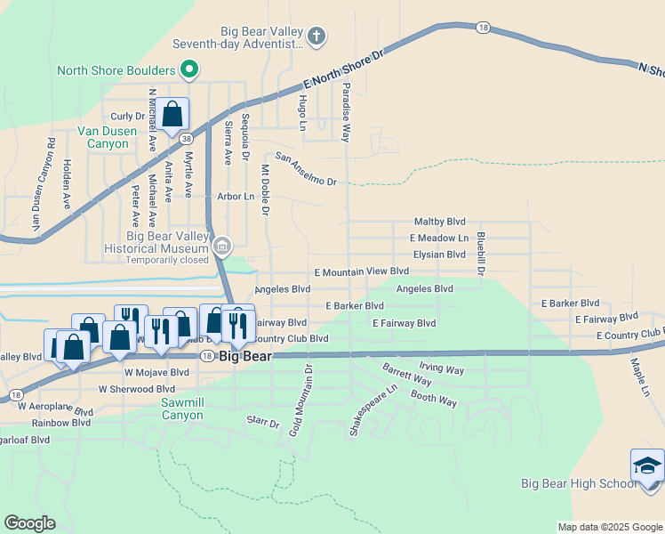 map of restaurants, bars, coffee shops, grocery stores, and more near 325 East Mountain View Boulevard in Big Bear