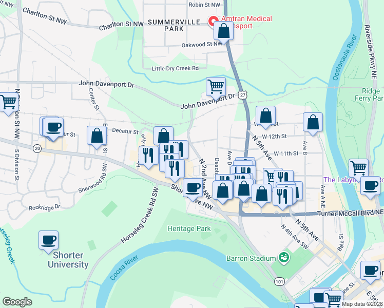 map of restaurants, bars, coffee shops, grocery stores, and more near 1105 North 2nd Avenue Northwest in Rome