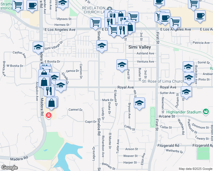 map of restaurants, bars, coffee shops, grocery stores, and more near 551 Royal Avenue in Simi Valley