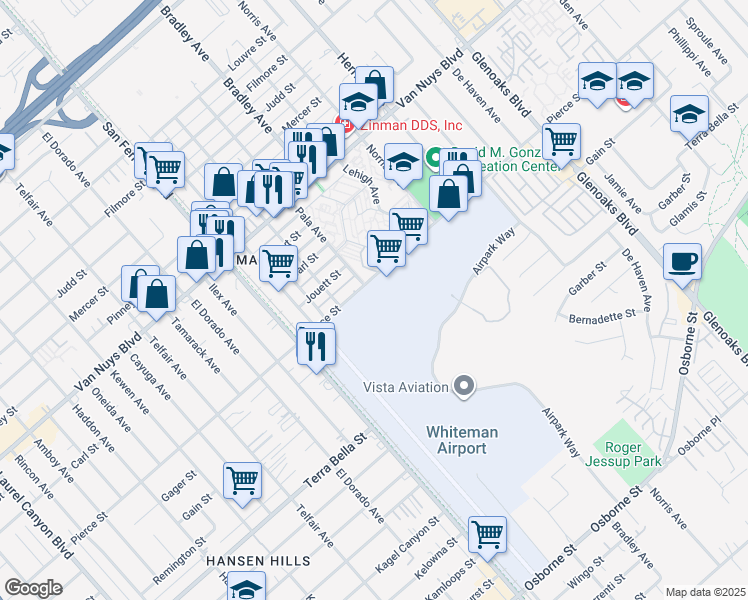 map of restaurants, bars, coffee shops, grocery stores, and more near 13000 Pierce Street in Los Angeles