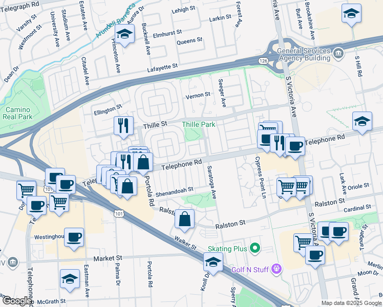 map of restaurants, bars, coffee shops, grocery stores, and more near 5341 Gillespie Street in Ventura