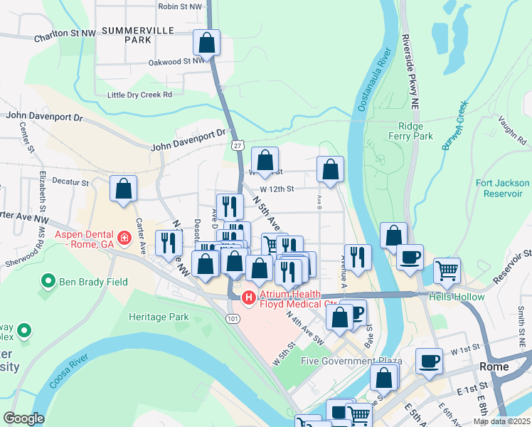 map of restaurants, bars, coffee shops, grocery stores, and more near West 11th Street in Rome