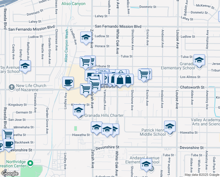 map of restaurants, bars, coffee shops, grocery stores, and more near 17734 Chatsworth Street in Los Angeles
