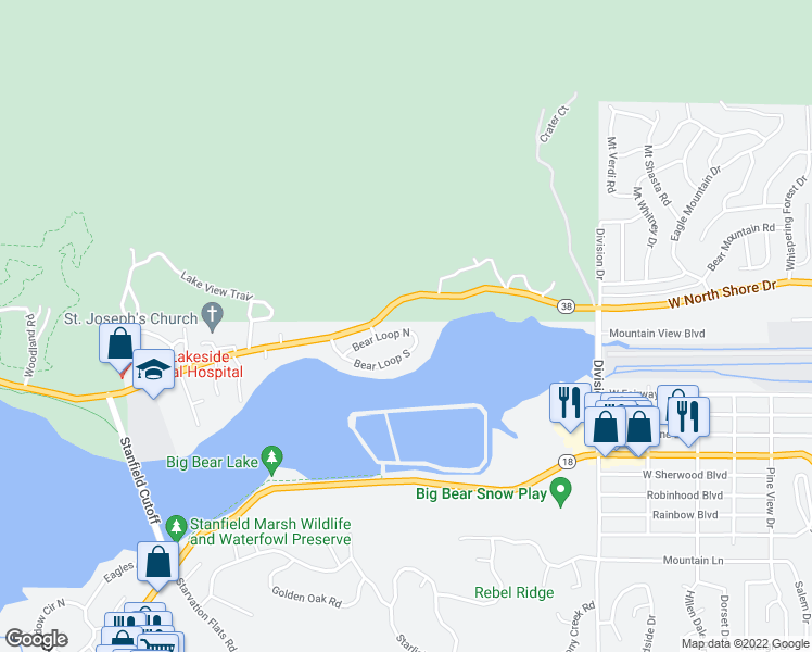 map of restaurants, bars, coffee shops, grocery stores, and more near 42539 Bear Loop in Big Bear