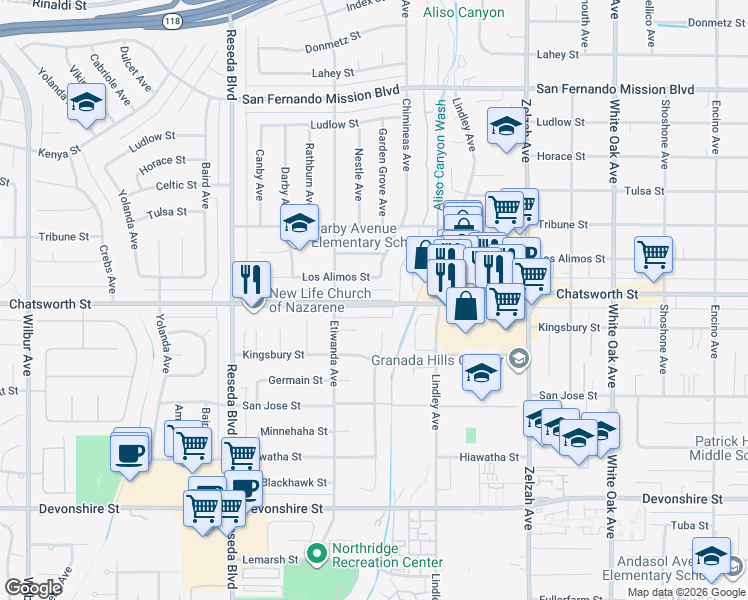 map of restaurants, bars, coffee shops, grocery stores, and more near 18216 Chatsworth Street in Los Angeles