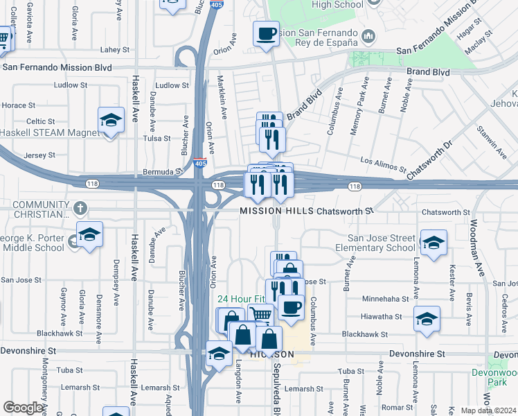 map of restaurants, bars, coffee shops, grocery stores, and more near 15421 Chatsworth Street in Los Angeles