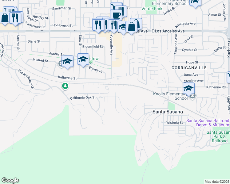 map of restaurants, bars, coffee shops, grocery stores, and more near 5815 Crinklaw Lane in Simi Valley