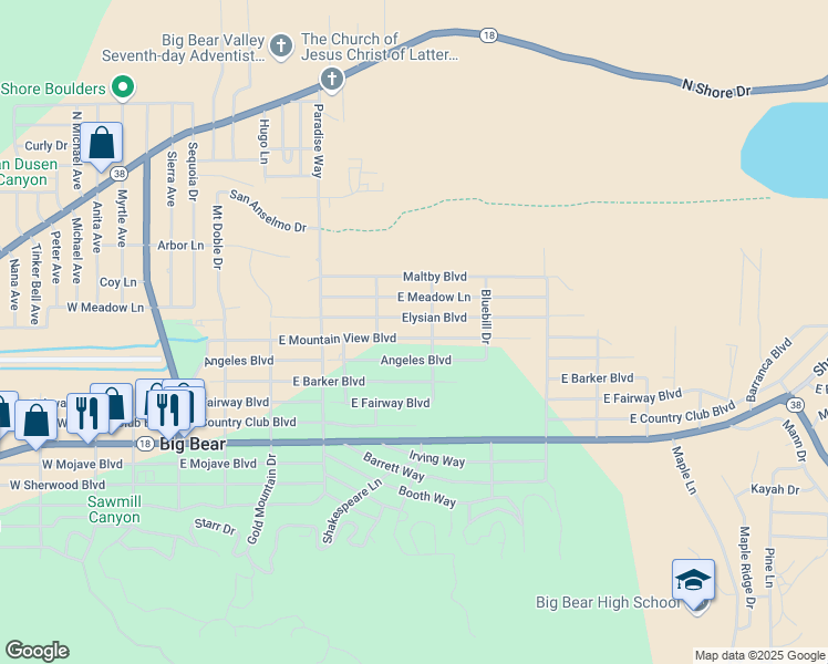 map of restaurants, bars, coffee shops, grocery stores, and more near 535 East Mountain View Boulevard in Big Bear