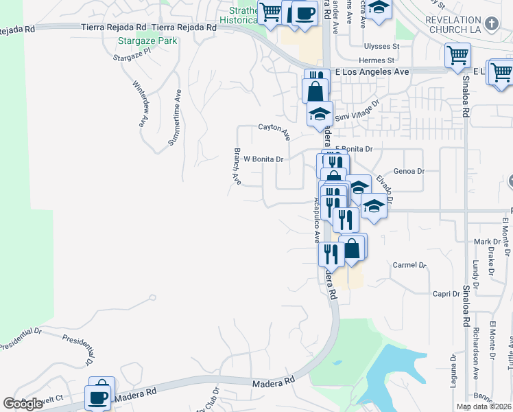map of restaurants, bars, coffee shops, grocery stores, and more near 20 Robbins Court in Simi Valley
