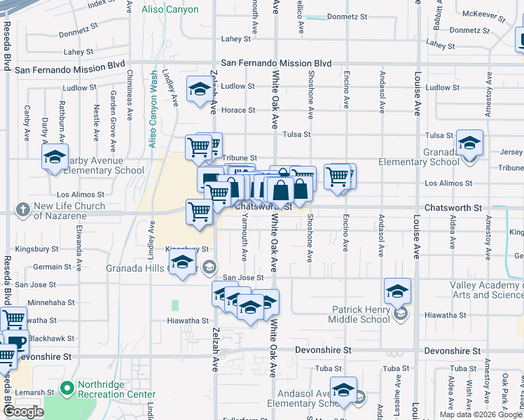 map of restaurants, bars, coffee shops, grocery stores, and more near 17718 Chatsworth Street in Los Angeles