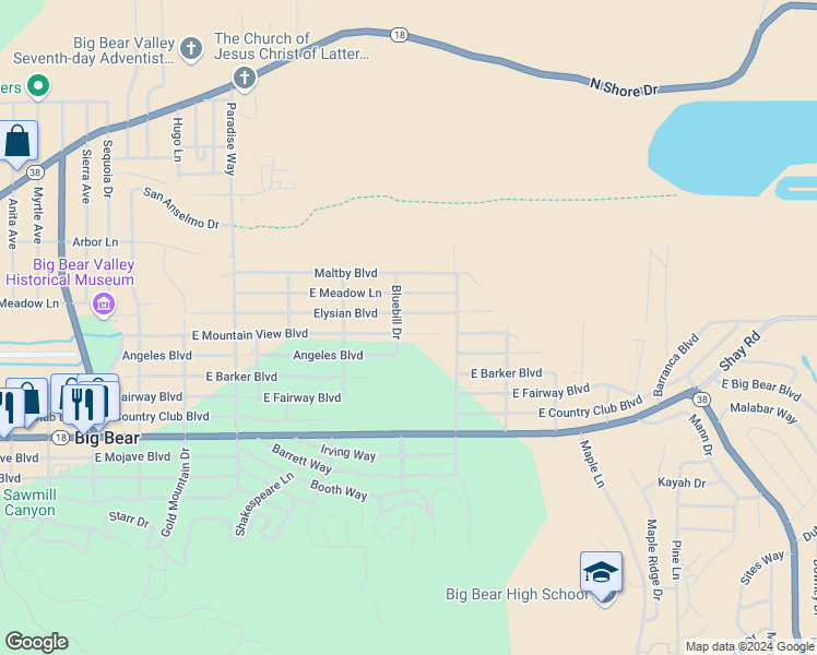 map of restaurants, bars, coffee shops, grocery stores, and more near 709 East Mountain View Boulevard in Big Bear