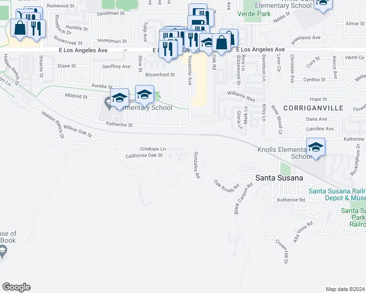 map of restaurants, bars, coffee shops, grocery stores, and more near 5705 Crinklaw Lane in Simi Valley