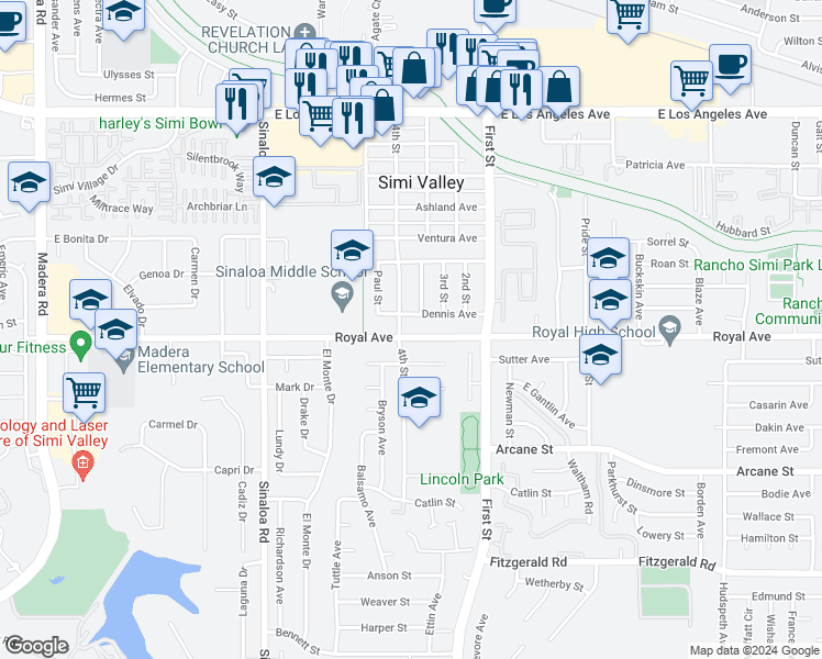 map of restaurants, bars, coffee shops, grocery stores, and more near 845 Royal Avenue in Simi Valley
