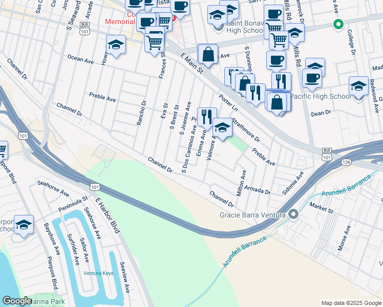 map of restaurants, bars, coffee shops, grocery stores, and more near 537 Emma Avenue in Ventura