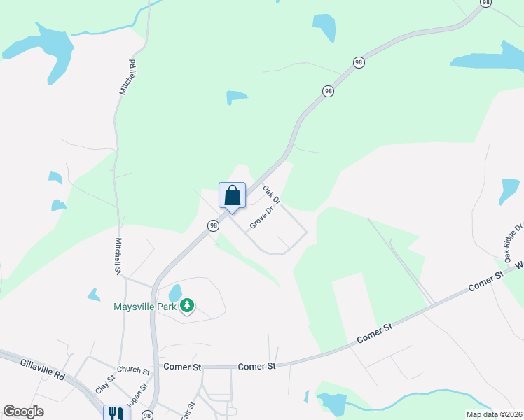 map of restaurants, bars, coffee shops, grocery stores, and more near 145 Grove Drive in Maysville