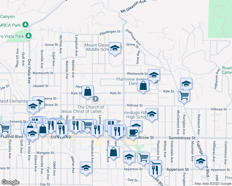 map of restaurants, bars, coffee shops, grocery stores, and more near 7822 Kyle Street in Los Angeles