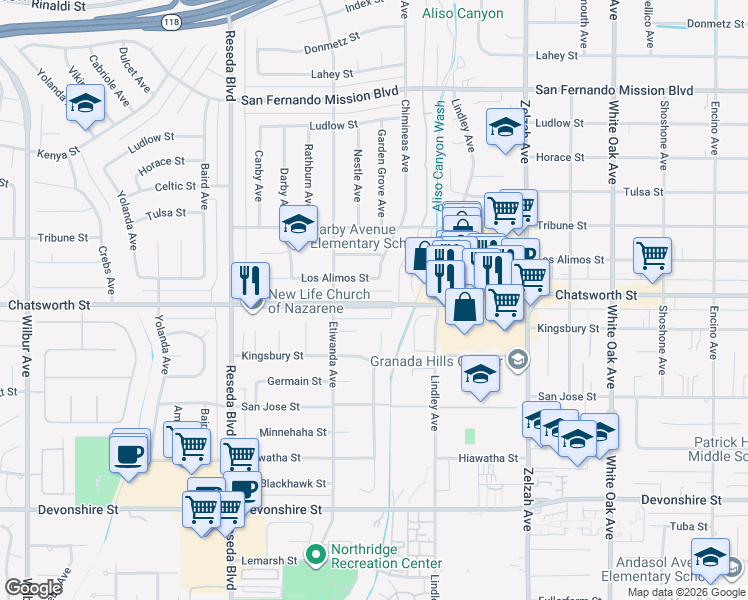 map of restaurants, bars, coffee shops, grocery stores, and more near 18216 Chatsworth Street in Los Angeles