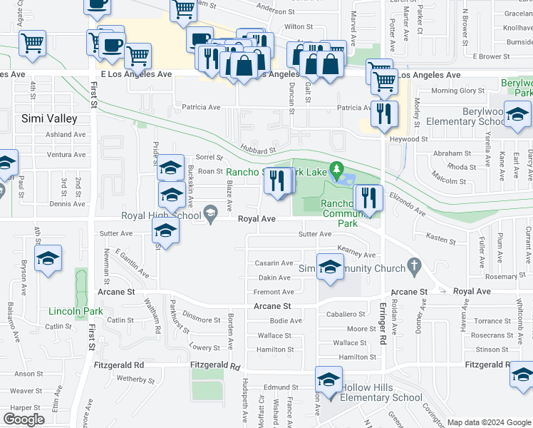 map of restaurants, bars, coffee shops, grocery stores, and more near in Simi Valley