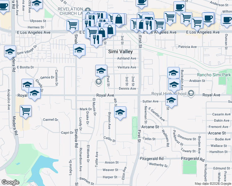 map of restaurants, bars, coffee shops, grocery stores, and more near 845 Royal Avenue in Simi Valley