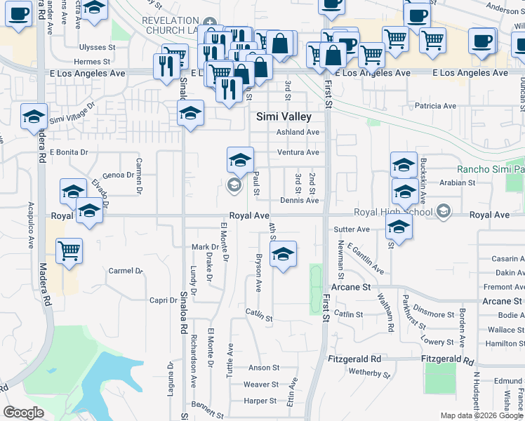 map of restaurants, bars, coffee shops, grocery stores, and more near 725 Royal Avenue in Simi Valley