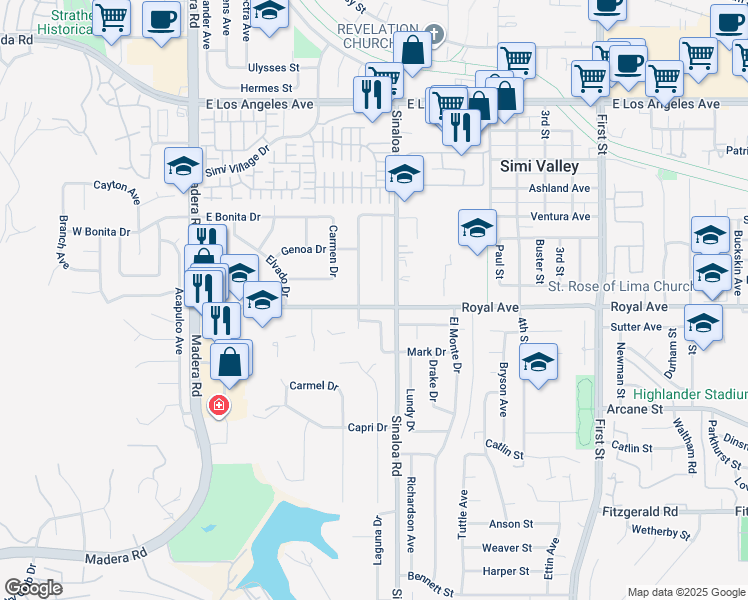 map of restaurants, bars, coffee shops, grocery stores, and more near in Simi Valley