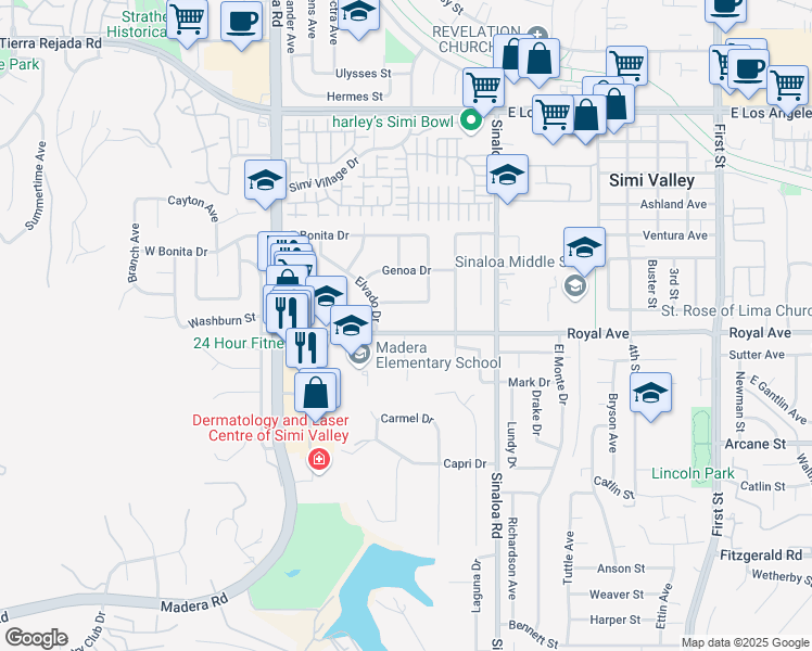 map of restaurants, bars, coffee shops, grocery stores, and more near 333 Royal Avenue in Simi Valley