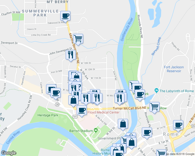map of restaurants, bars, coffee shops, grocery stores, and more near West 11th Street in Rome