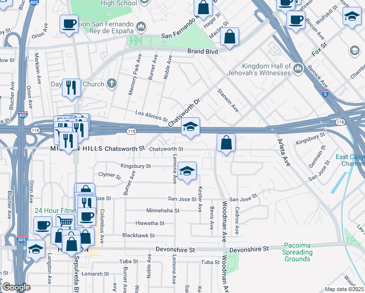map of restaurants, bars, coffee shops, grocery stores, and more near 14945 Chatsworth Street in Los Angeles