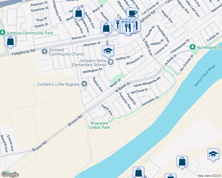 map of restaurants, bars, coffee shops, grocery stores, and more near 8814 Neath Street in Ventura