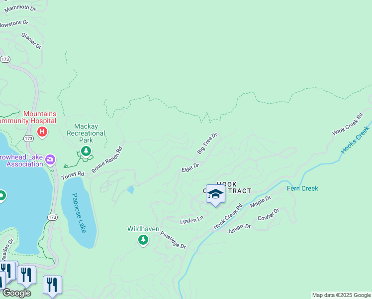 map of restaurants, bars, coffee shops, grocery stores, and more near Ironbark Lane in Lake Arrowhead