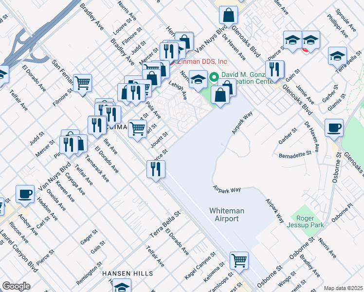 map of restaurants, bars, coffee shops, grocery stores, and more near 13000 Pierce Street in Los Angeles