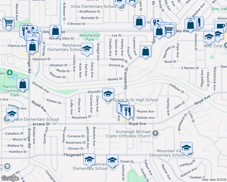 map of restaurants, bars, coffee shops, grocery stores, and more near 1457 Sycamore Drive in Simi Valley
