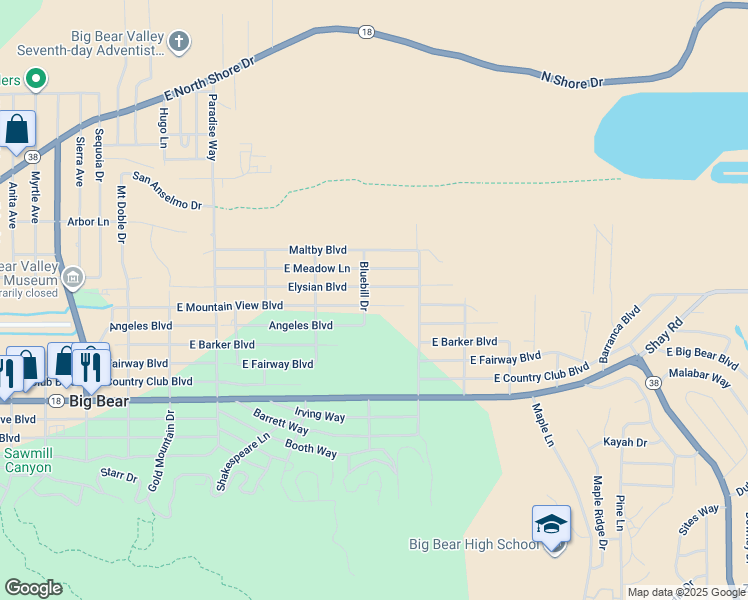 map of restaurants, bars, coffee shops, grocery stores, and more near 709 East Mountain View Boulevard in Big Bear