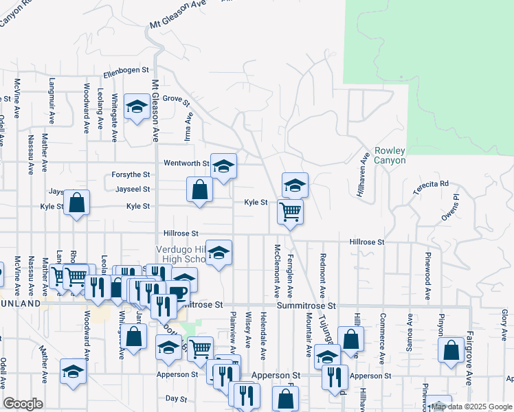 map of restaurants, bars, coffee shops, grocery stores, and more near 7536 Kyle Street in Los Angeles
