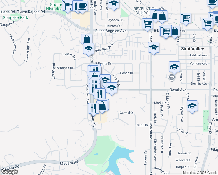 map of restaurants, bars, coffee shops, grocery stores, and more near 1411 Vaquero Drive in Simi Valley