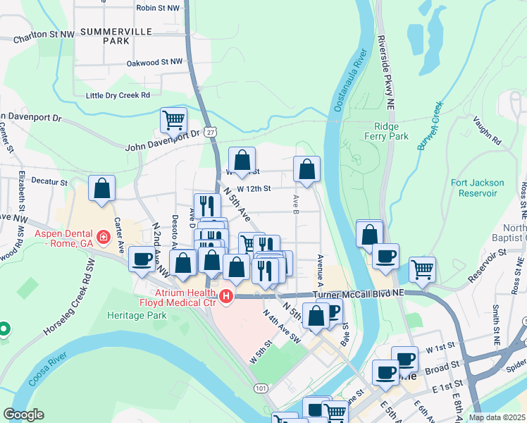 map of restaurants, bars, coffee shops, grocery stores, and more near 511 West 11th Street Northeast in Rome