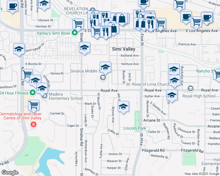 map of restaurants, bars, coffee shops, grocery stores, and more near 725 Royal Avenue in Simi Valley