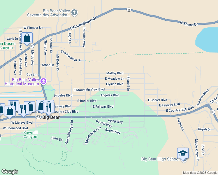 map of restaurants, bars, coffee shops, grocery stores, and more near 535 East Mountain View Boulevard in Big Bear