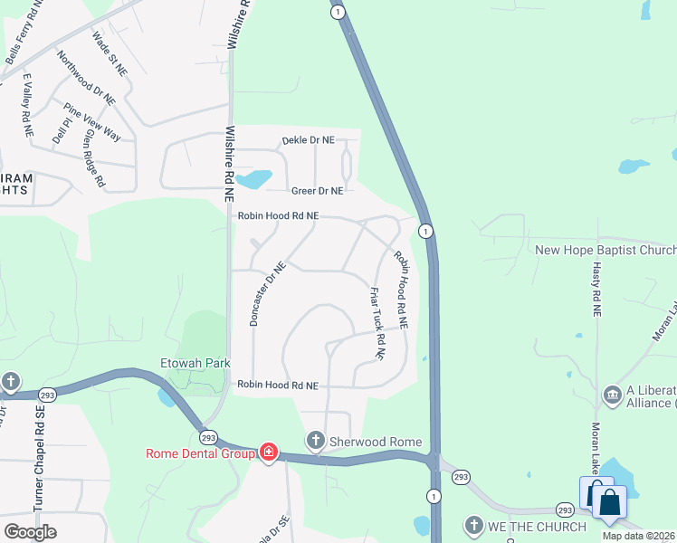 map of restaurants, bars, coffee shops, grocery stores, and more near 14 Barnesdale Way Northeast in Rome