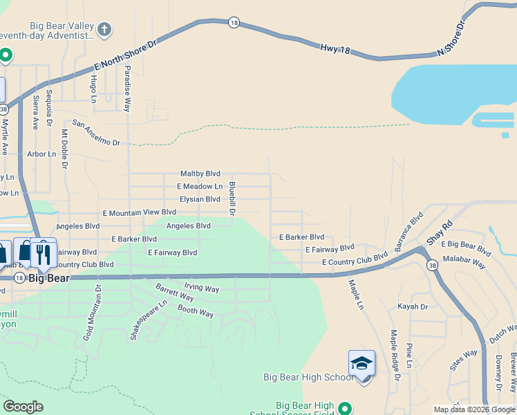 map of restaurants, bars, coffee shops, grocery stores, and more near 737 East Mountain View Boulevard in Big Bear
