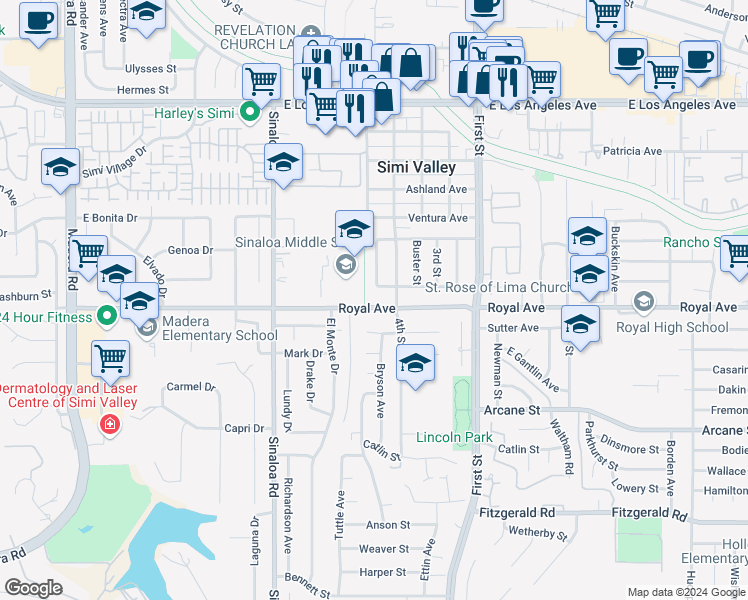 map of restaurants, bars, coffee shops, grocery stores, and more near 745 Royal Avenue in Simi Valley