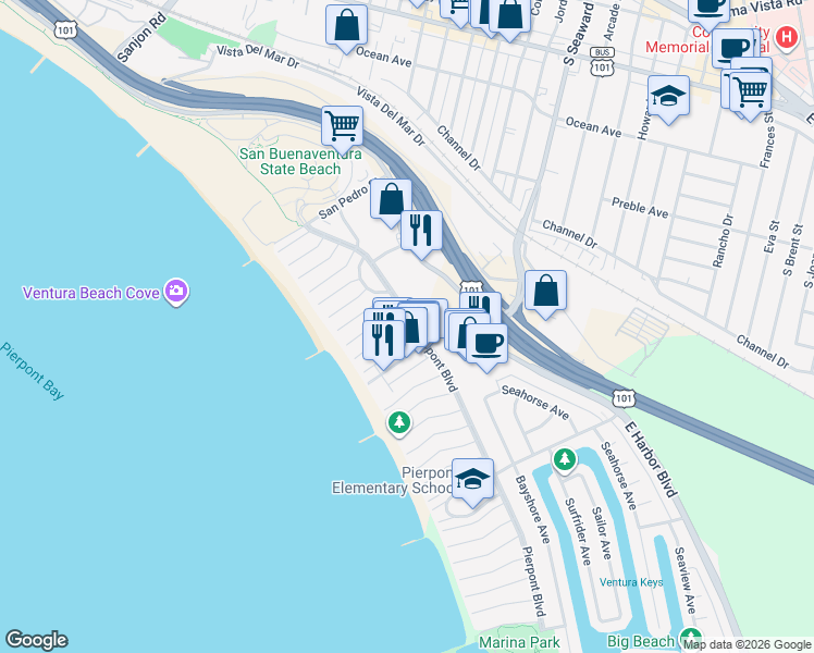 map of restaurants, bars, coffee shops, grocery stores, and more near 2272 Pierpont Boulevard in Ventura