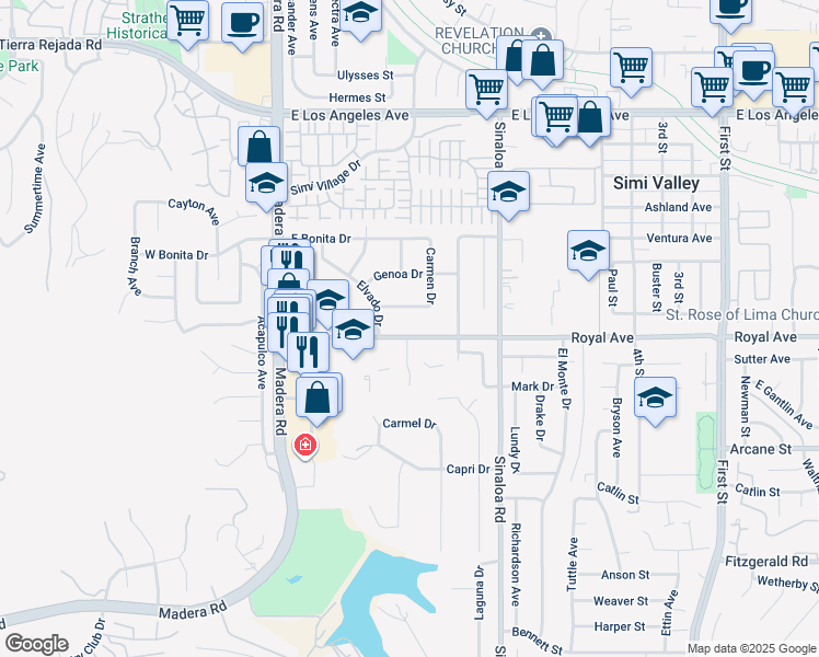 map of restaurants, bars, coffee shops, grocery stores, and more near 333 Royal Avenue in Simi Valley