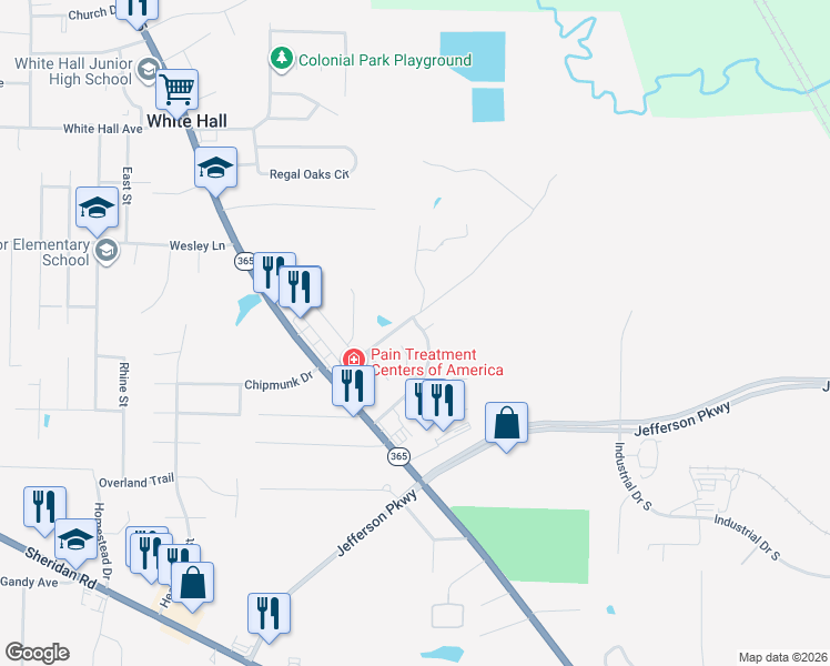 map of restaurants, bars, coffee shops, grocery stores, and more near 62 Westchester Drive in White Hall