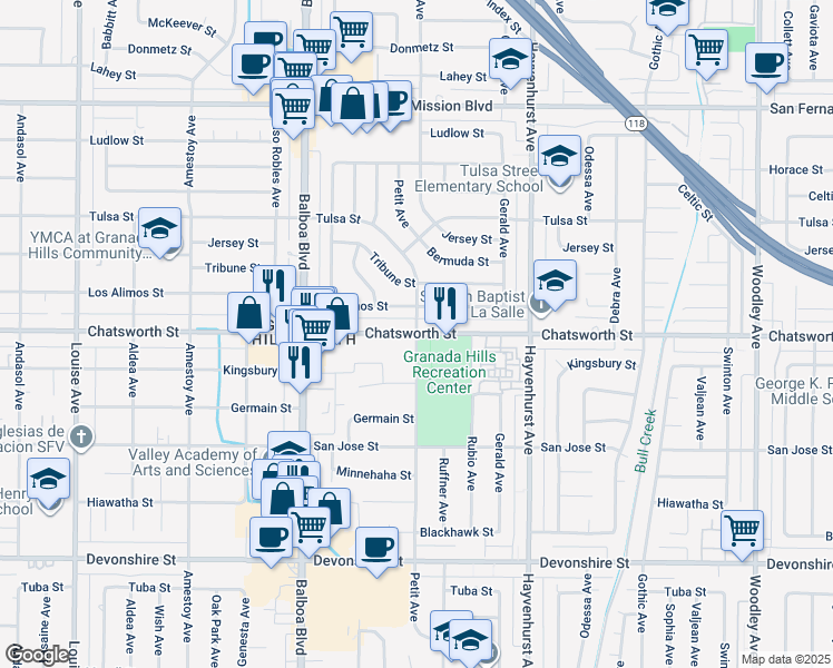 map of restaurants, bars, coffee shops, grocery stores, and more near Chatsworth St & Petit Ave in Los Angeles