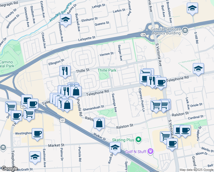 map of restaurants, bars, coffee shops, grocery stores, and more near 5361 Gillespie Street in Ventura