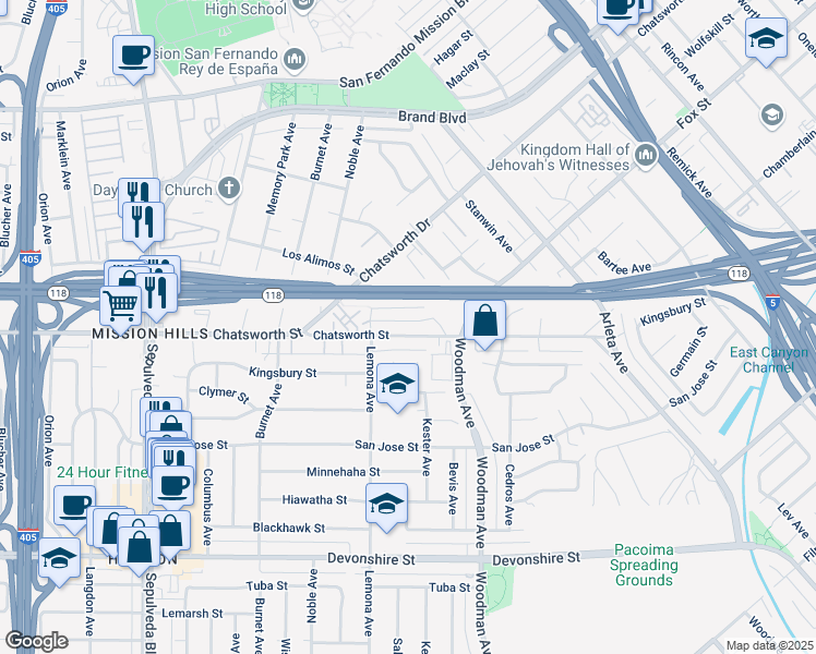 map of restaurants, bars, coffee shops, grocery stores, and more near in San Fernando