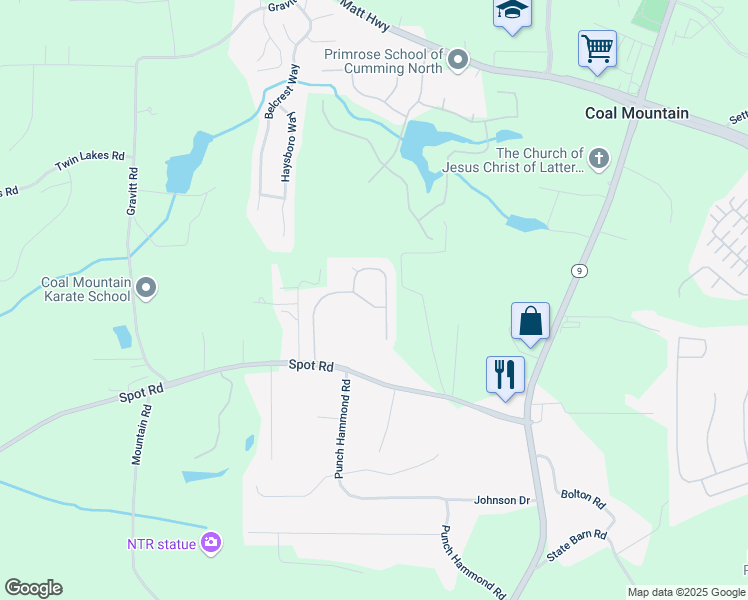 map of restaurants, bars, coffee shops, grocery stores, and more near 3255 Blackburn Drive in Cumming