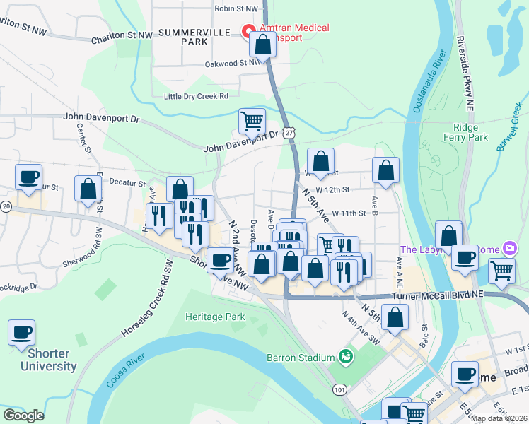 map of restaurants, bars, coffee shops, grocery stores, and more near 304 McDonald Street Northwest in Rome